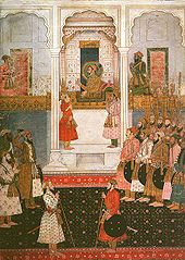 Shah Jahan (r. 1627-1657/58) during a darbar (audience) in the audience hall of his palace (miniature painting c. 1650)
