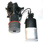 Modern breathing mask of the Swiss Army with attached drinking hose and field bottle