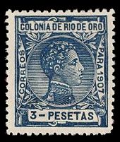 From 1905 to 1924, Río de Oro formed a postal territory with its own stamp issues. Stamp of 3 peseta with the portrait of King Alfonso XIII from 1907.