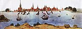 Stralsund from the north in the Stralsund illuminated manuscript 1611/15