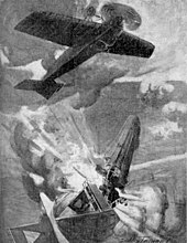 Shooting down of the Zeppelin LZ 37 by a British airplane, artistic representation, 1915