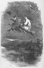 Illustratie uit William Harrison Ainsworth's roman The Lancashire Heksen, gepubliceerd in 1848. Vliegen was tegen de natuurwetten in, en dus onmogelijk volgens de demonologie van koning James.