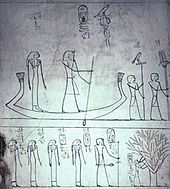 Depiction of Thutmosis III and his family in his tomb KV34: Top: Thutmosis III and his mother Isis in the barque. Below: Thutmosis III being suckled by his mother Isis (depicted as a tree). Beside: Thutmosis III, Meritre Hatshepsut, Satiah, Nebtu, and Nefertari.