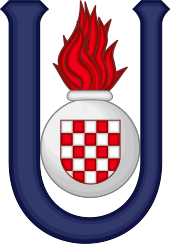 Emblem of the Ustasha: The capital letter U for Ustaša, within it a grenade with Croatian coat of arms in the version used by the Ustaša state with the first field in white.