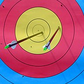 I Target Archery handlar det om att träffa mål för att få poäng. Dessa pilar ger poäng som ett X (inre 10) och en 9.  