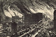 Um desenho de O Grande Incêndio de Chicago, 1871