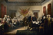 Fremlæggelse af uafhængighedserklæringen. Tre af de stående mænd er John Adams, Benjamin Franklin og Thomas Jefferson.