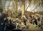 Afbeelding van de dood van Horatio Nelson in de slag bij Trafalgar op 21 oktober 1805.