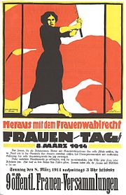 Afiș german din 1914, care marchează Ziua Internațională a Femeii de 8 martie.  