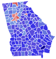 Výsledky guvernérských voleb 1970. Carter je modrý a Suit červený