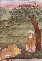 Derviš se lvem a tygrem, mughalská malba, kolem roku 1650  