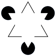 Kanizsa-kolmio: valkoista kolmiota ei ole piirretty, mutta me näemme yhden.  
