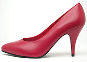 Sapato de corte básico, o tipo mais comum de sapato de salto alto. Os calcanhares geralmente são mais largos do que nesta ilustração.