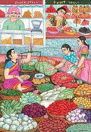 Na trhu v Indii se prodávají chutné ingredience pro vegetariánskou stravu.
