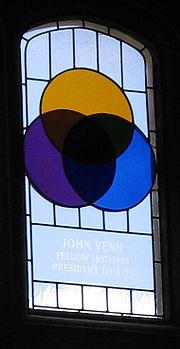 Gebrandschilderd raam in Cambridge, waar John Venn studeerde. Het toont een Venn diagram.