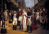 Neslavné setkání královny Luisy a Napoleona Bonaparta (zcela vlevo), 1807. Posmrtně namaloval Nicolas Gosse, asi 1900.