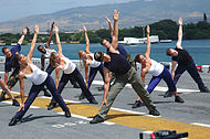 Esercizi di calisthenics sul ponte di volo a bordo della USS Bonhomme Richard.