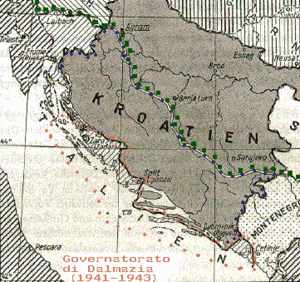 Italian "Dalmatian kuvernementtikunta" (punaiset pisteet) toteutti väliaikaisesti vuosina 1941-1943 irredentismin unelman Italiaan liitetystä Dalmatiasta.  