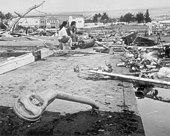 Последиците от чилийското цунами през 1960 г. в Хило, Хаваи , където загиват 61 души, а 282 са тежко ранени  