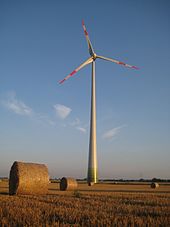 Typical wind turbine around 2009 (part of a wind farm for electricity generation)