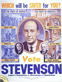 Il manifesto della campagna di Adlai Stevenson dice che Stevenson sta paragonando il partito di Herbert Hoover come il pericolo al partito di Franklin D. Roosevelt come il più sicuro