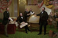 Schilderij met de overeenkomst van de VS op 30 maart 1867 om Alaska van Rusland te kopen.  