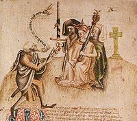 Scone volt Skócia ősi fővárosa és a skót királyok koronázási helye. Ez az MS-illusztráció III. Sándor skót király koronázását ábrázolja a scone-i Moot Hillen. Az ollamh rígh, a királyi költő köszönti őt, aki a "Benach De Re Albanne" (= Beannachd Dé Rígh Alban, "Isten áldja Skócia királyát") felkiáltással szólítja meg; a költő ezután Sándor genealógiáját mondja el.