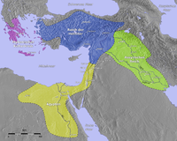 Hetiittojen valtakunta huipullaan. Hettiläiset: sininen; mykeneläiset kreikkalaiset: vaaleanpunainen; Assyria: vihreä; Egypti: keltainen).