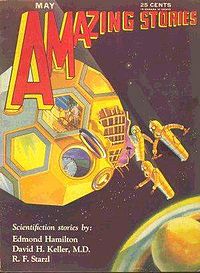Questa prima copertina di una rivista di fantascienza mostra uomini spaziali e un altro pianeta.