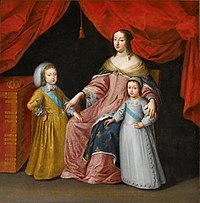 Anne met haar zonen. De zonen op de foto zijn de toekomstige koning Lodewijk XIV van Frankrijk en Philippe, hertog van Orléans.  