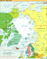 A linha vermelha mostra a fronteira da região ártica