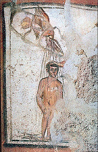 Dopet i tidig kristen konst. Detta är en fresco i katakomberna i Rom.  
