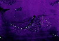 Bioluminescencinių Antarktidos krilių meninis atvaizdavimas