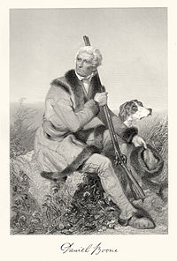 Gravure van Alonzo Chappel (circa 1861) van een bejaarde Daniel Boone op jacht in Missouri