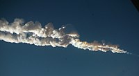 Het spoor van de meteoriet boven Tsjeljabinsk op 15 februari 2013.  
