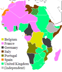 Gebieden in Afrika onder controle of invloed van Europese naties in 1914 (bij het uitbreken van de Eerste Wereldoorlog).  