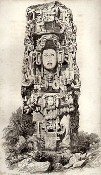 Stela N, der forestiller kong K'ac Yipyaj Chan K'awiil ("Smoke Shell"), som tegnet af Frederick Catherwood i 1839  