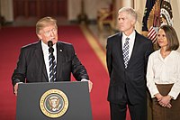 President Donald Trump introduceert Gorsuch als zijn genomineerde voor het Hooggerechtshof in het Witte Huis, januari 2017