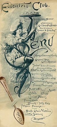 Menu z 1893 roku dla londyńskiego klubu. Ze względu na wpływ kuchni francuskiej, wiele potraw ma francuskie nazwy.