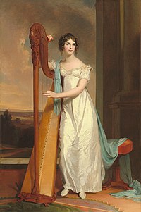 Nainen harpun kanssa: Eliza Ridgely , tässä maalauksessa näkyy varhainen poljinharppu. (Thomas Sully, 1818)  