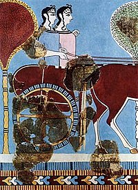Twee Myceense vrouwen op een strijdwagen... Fresco uit Tiryns ~1200BC