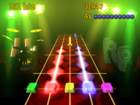 Molti giochi ritmici, come Frets on Fire, utilizzano una "autostrada delle note" a scorrimento per visualizzare quali note devono essere suonate, insieme a un punteggio e a un misuratore di performance.