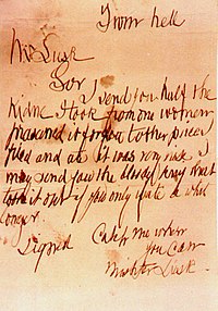 Una copia fotografica dell'ormai perduta lettera "From Hell", con timbro postale del 15 ottobre 1888.