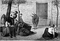 1857 Lithographie von Armand Gautier, die Personifikationen von Demenz, Größenwahn, akuter Manie, Melancholie, Idiotie, Halluzination, Erotomanie und Lähmung in den Gärten des Hospiz de la Salpêtrière zeigt.