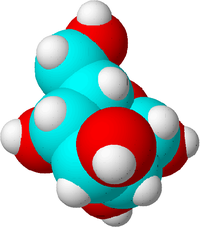 Dette er et sukkermolekyle. Kulstofatomerne er lavet blå, iltatomerne er lavet røde og hydrogenatomerne er lavet hvide for at vise forskellen. I virkeligheden har atomerne ikke nogen farve.