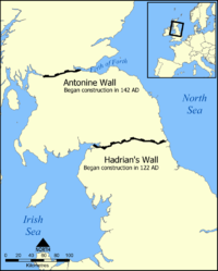 Posizione del Vallo di Antonino e del Vallo di Adriano in Scozia e nell'Inghilterra settentrionale