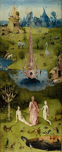 Linkerpaneel (Het aardse paradijs - Tuin van Eden) uit De tuin der lusten van Jheronimus Bosch.