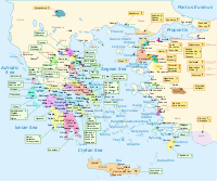 Kaart van Griekenland zoals beschreven in de Ilias van Homerus. Aangenomen wordt dat de geografische gegevens vooral betrekking hebben op Griekenland in de Bronstijd, toen er Myceens Grieks werd gesproken.