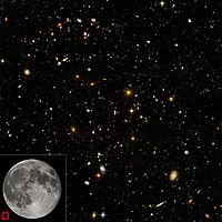 Beeld met hoge resolutie van het Hubble ultradiepe veld. Het toont een verscheidenheid aan sterrenstelsels, elk bestaande uit miljarden sterren. In de linkerbenedenhoek (rood kader) is het overeenkomstige deel van de hemel weergegeven. De kleinste, roodste sterrenstelsels, ongeveer 100, behoren tot de meest verre stelsels die zijn gefotografeerd. Zij werden kort na de oerknal gevormd.  