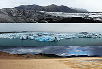 Três tipos de paisagens na Islândia.